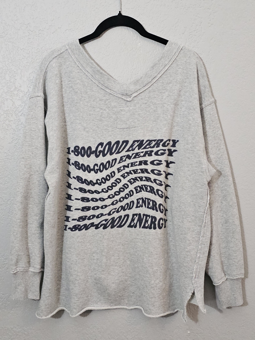 aerie Light Grey V-Neck Sweatshirt w/ 'Good Energy' Graphic Womens XS Oversized - Picture 8 of 11